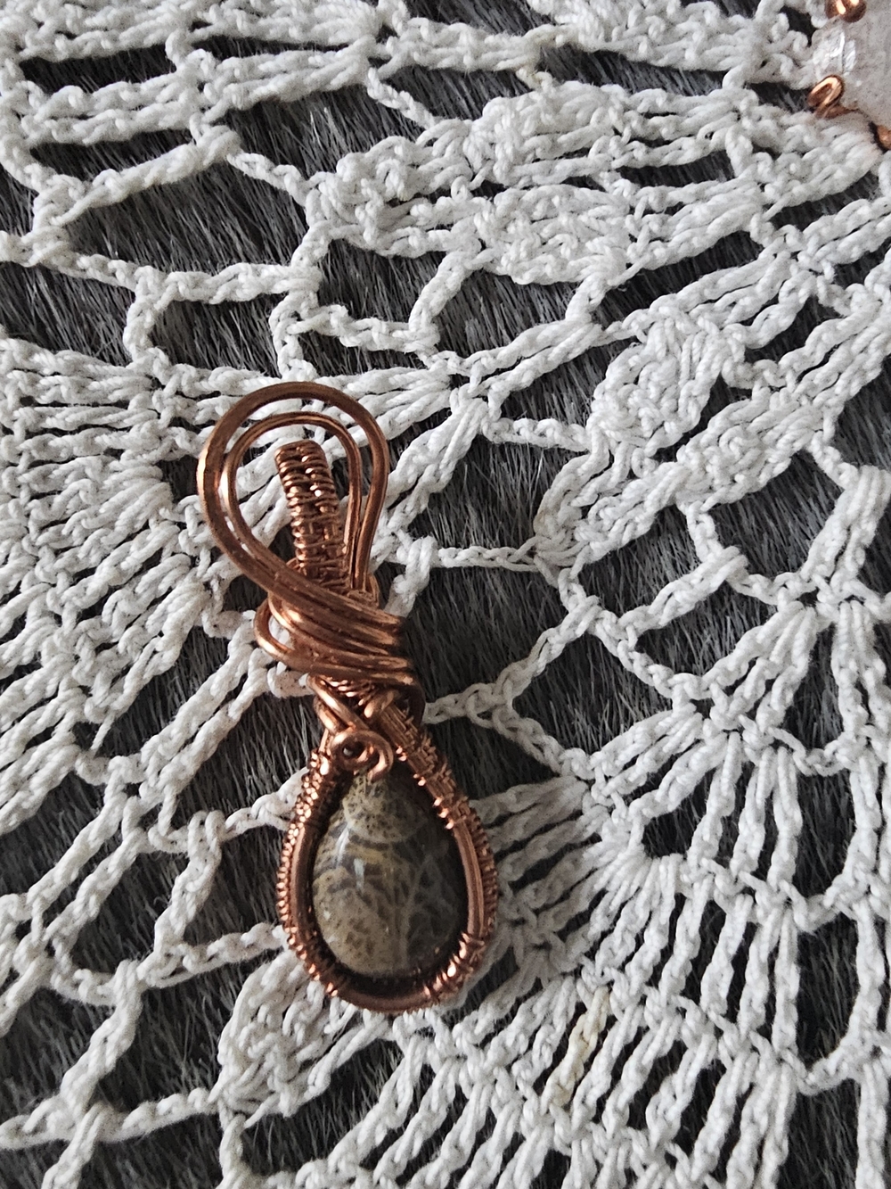 Handcrafted Copper Wire Wrapped Brown Jasper Teardrop Pendant